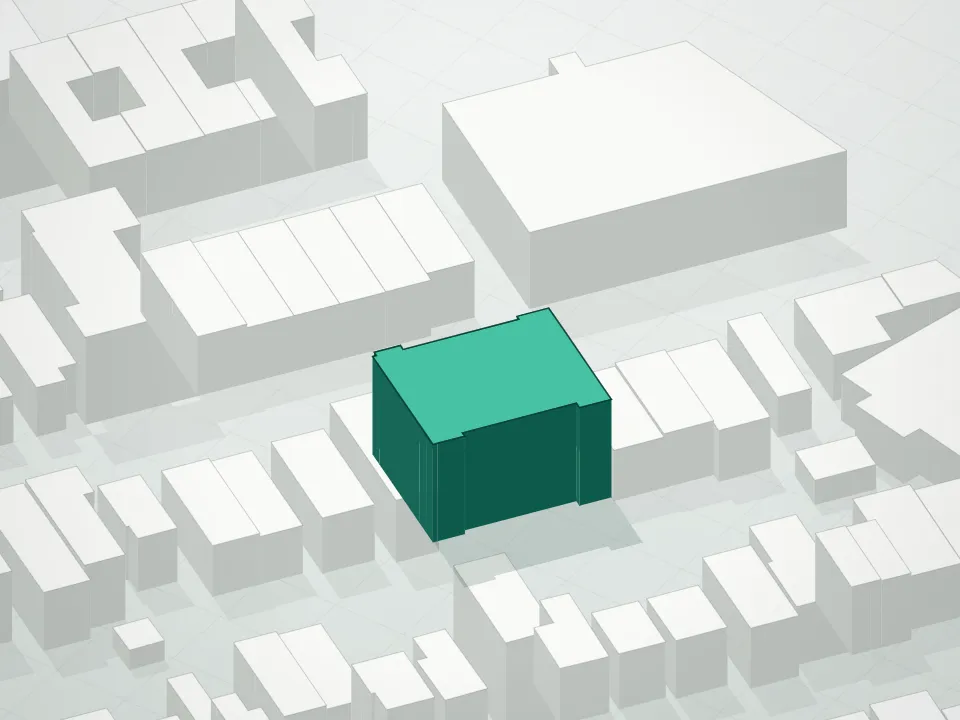 3D massing drawing of Arista 35 Condominium and neighboring buildings
