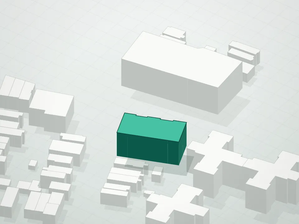 3D massing drawing of Sage House Condominium and neighboring buildings
