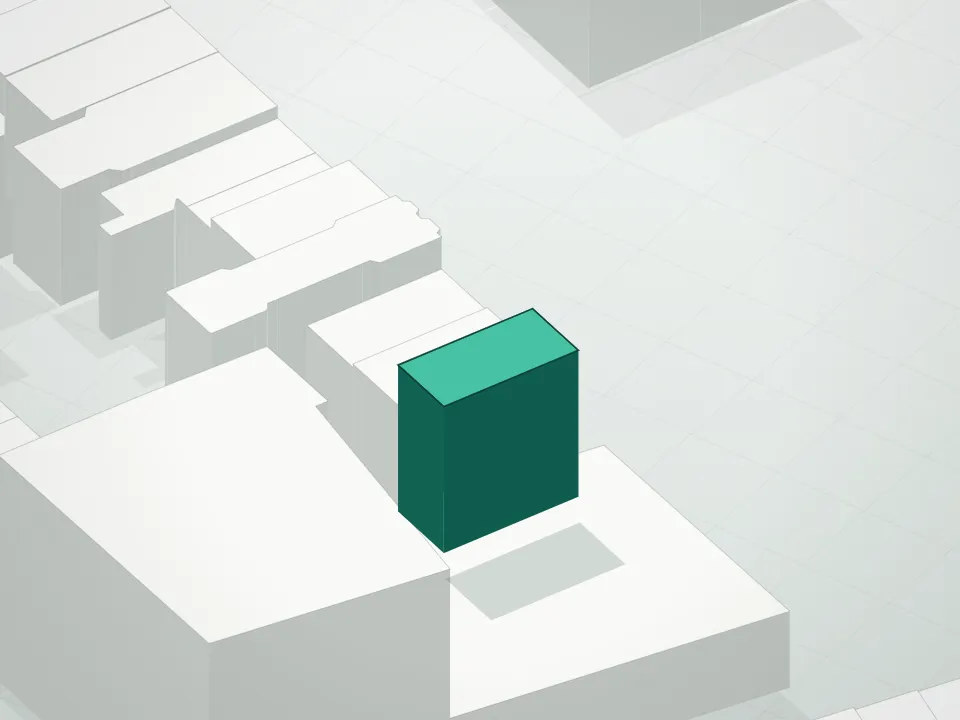 3D massing drawing of 126 First Place Condominium and neighboring buildings