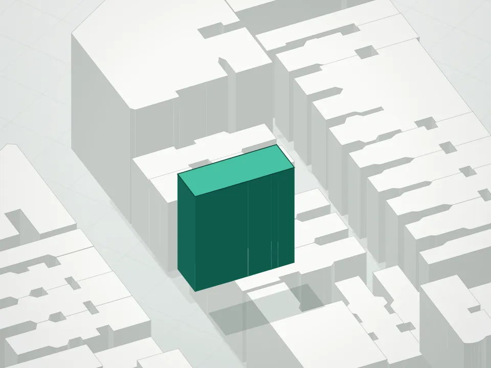 3D massing drawing of Lantern Condominium and neighboring buildings