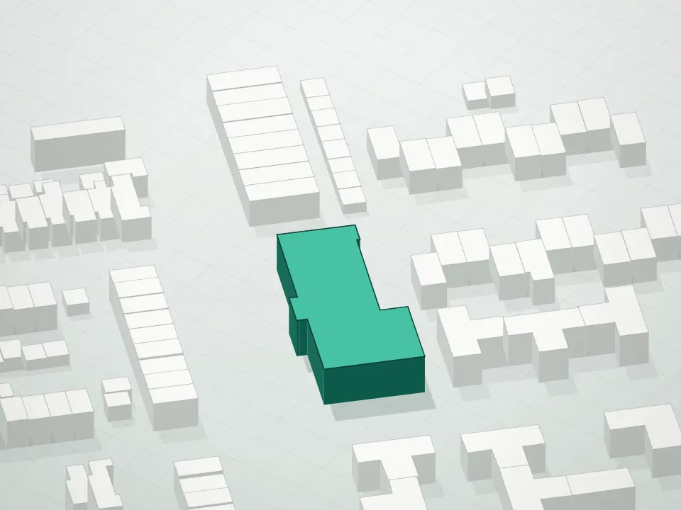 3D massing drawing of Plaza 21 Condominium and neighboring buildings