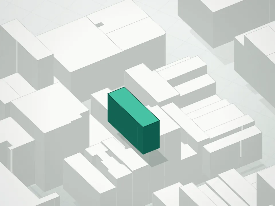 3D massing drawing of 60 Orchard Street Condominiums and neighboring buildings