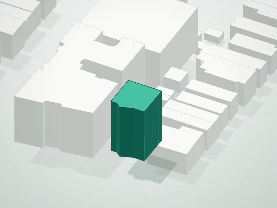 3D massing drawing of Kings Condominium and neighboring buildings