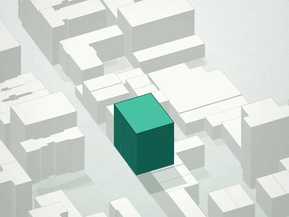 3D massing drawing of Pascal Condominium and neighboring buildings