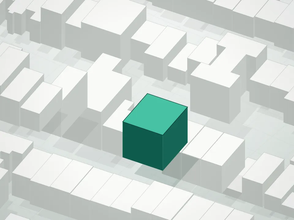 3D massing drawing of Greenpoint Plaza Condominium and neighboring buildings