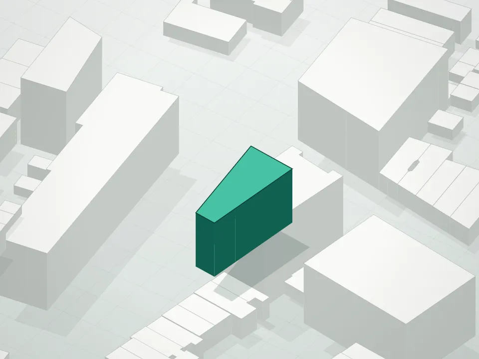 3D massing drawing of 380 Condominium and neighboring buildings