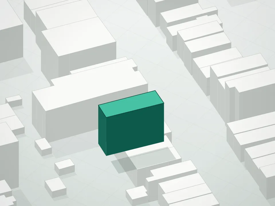 3D massing drawing of Elm Street Condominium and neighboring buildings