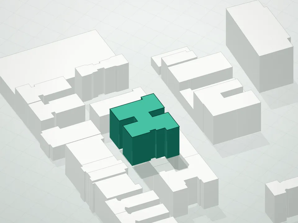 3D massing drawing of 48-54 West 138th Street Condominium and neighboring buildings