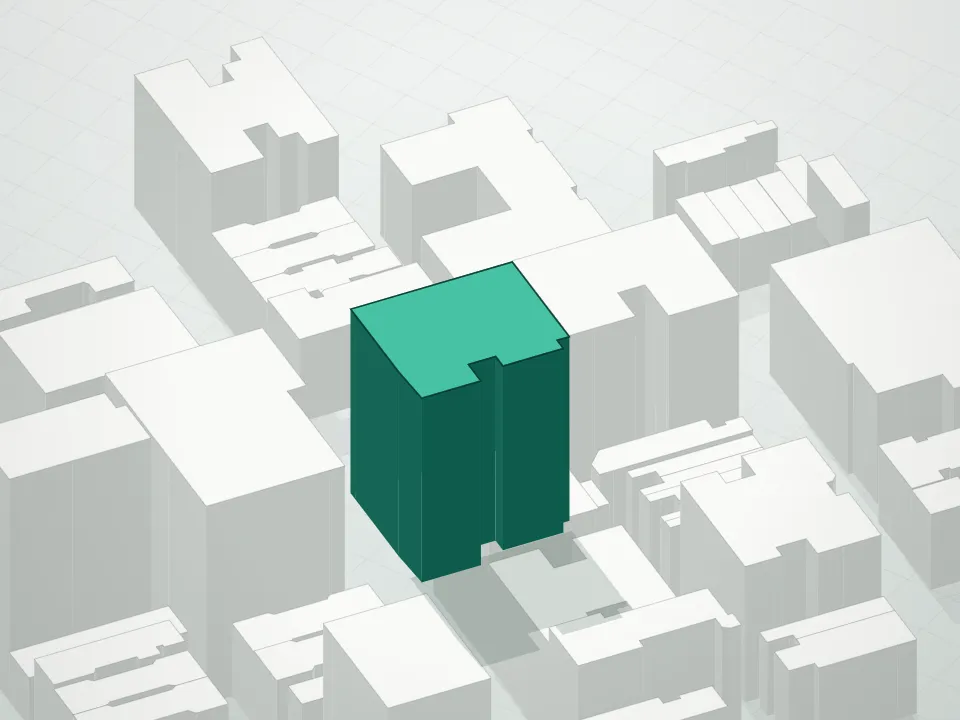 3D massing drawing of Philip House Condominium and neighboring buildings