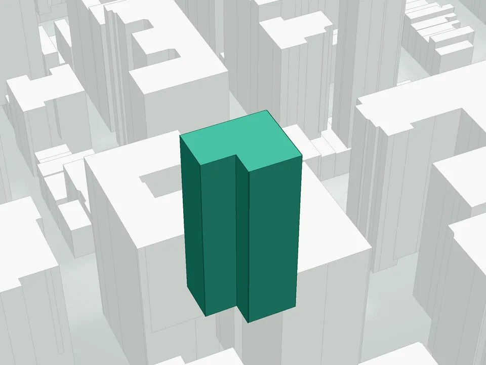 3D massing drawing of 200 East 79th Street Condominium, 200 East 79th Street, Manhattan, and neighboring buildings