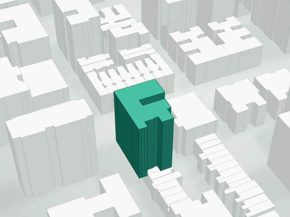 3D massing drawing of 165 West 91st Street Condominium, 165 West 91st Street, Manhattan, and neighboring buildings