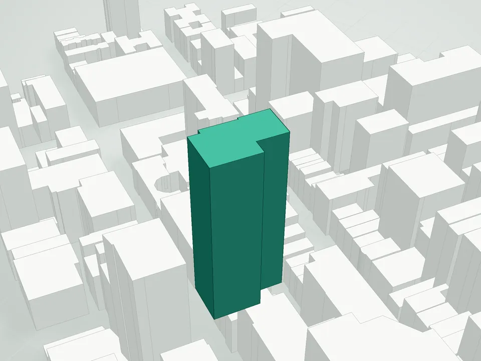 3D massing drawing of 35 Xv Condominium, 31-35 West 15th Street, Manhattan, and neighboring buildings
