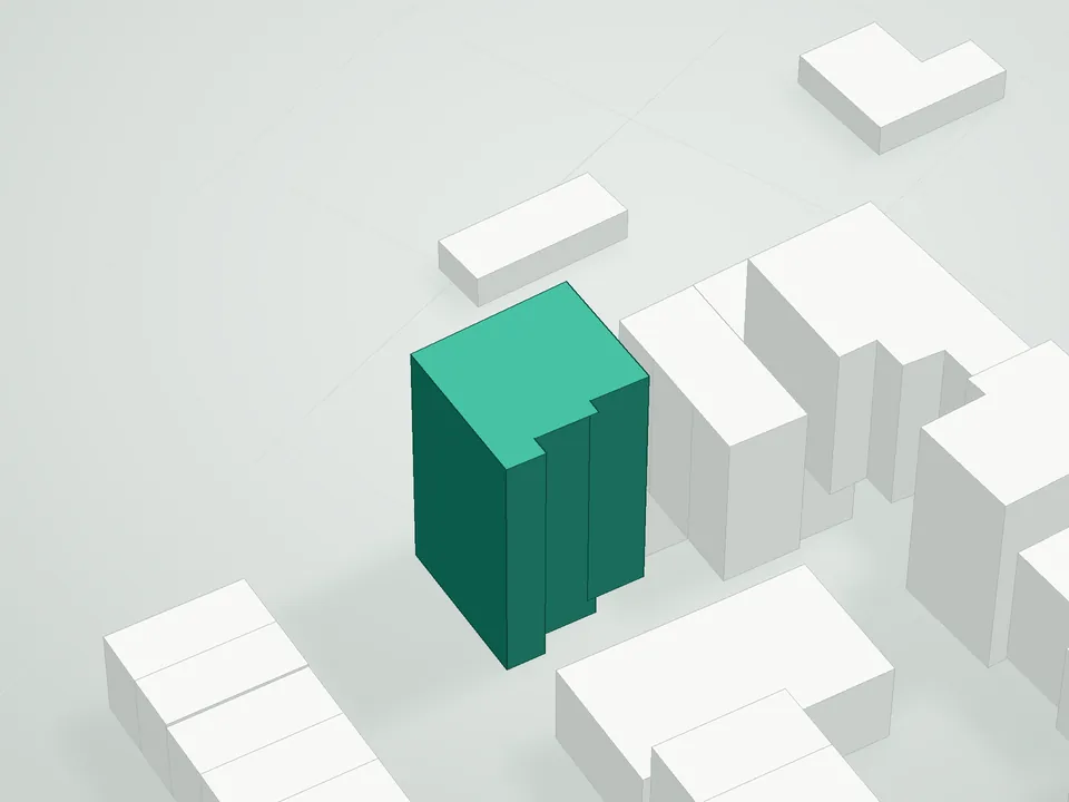 3D massing drawing of 75 Columbia Street Condominium, 75 Columbia Street, Brooklyn, and neighboring buildings