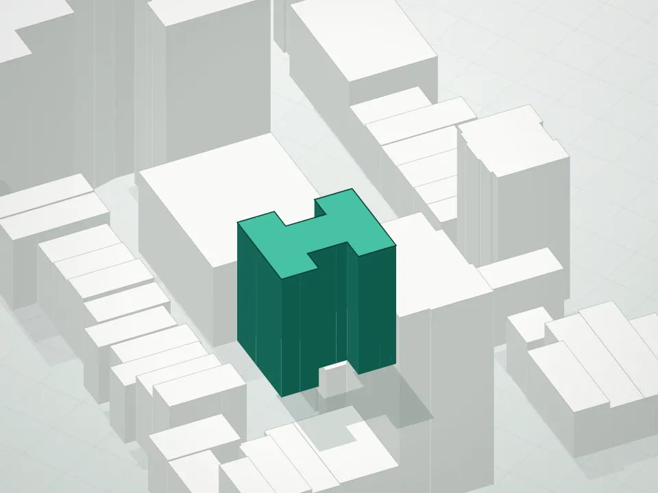 3D massing drawing of Irvin Condominium and neighboring buildings