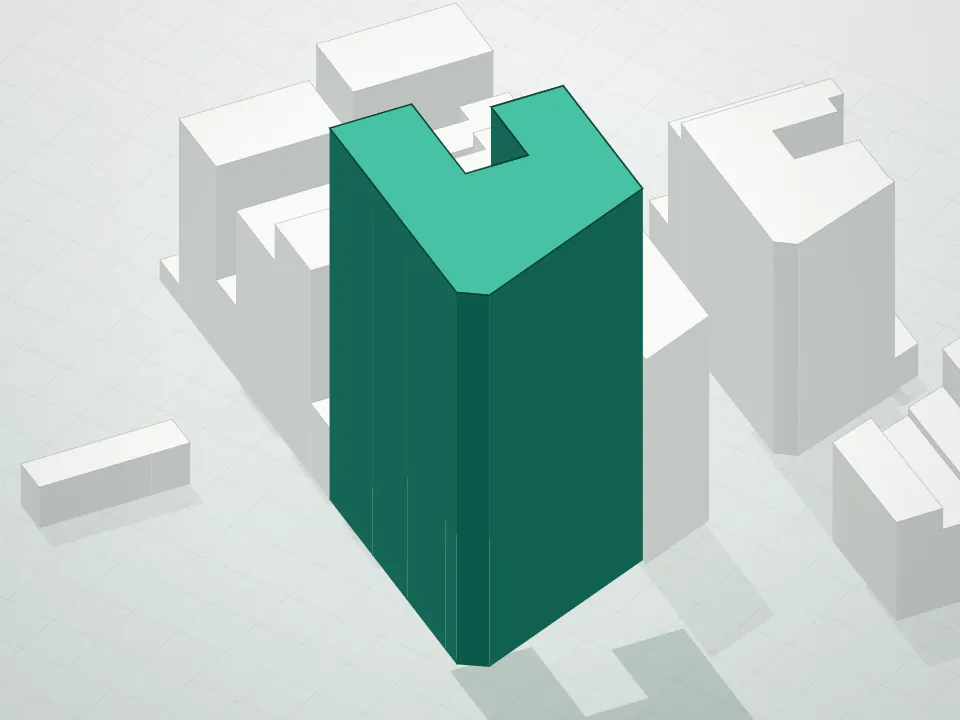 3D massing drawing of 10 Madison Square West and neighboring buildings
