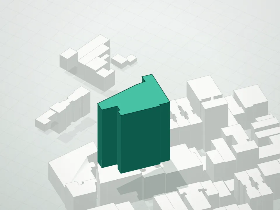3D massing drawing of One Vandam Condominium and neighboring buildings