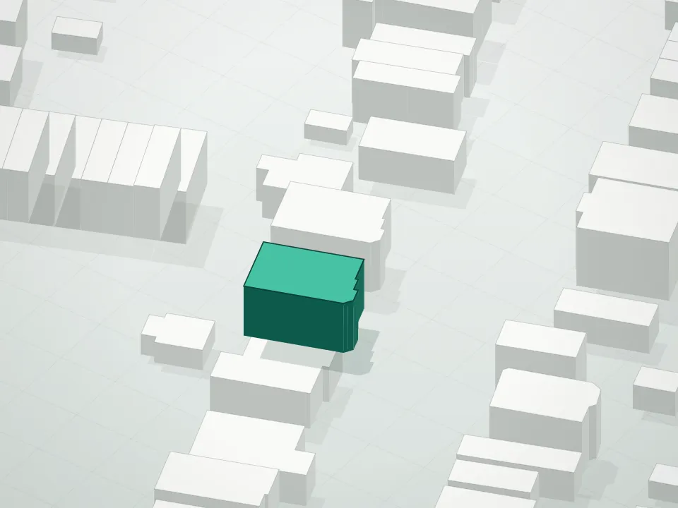 3D massing drawing of 50 Pearsall Condominium and neighboring buildings
