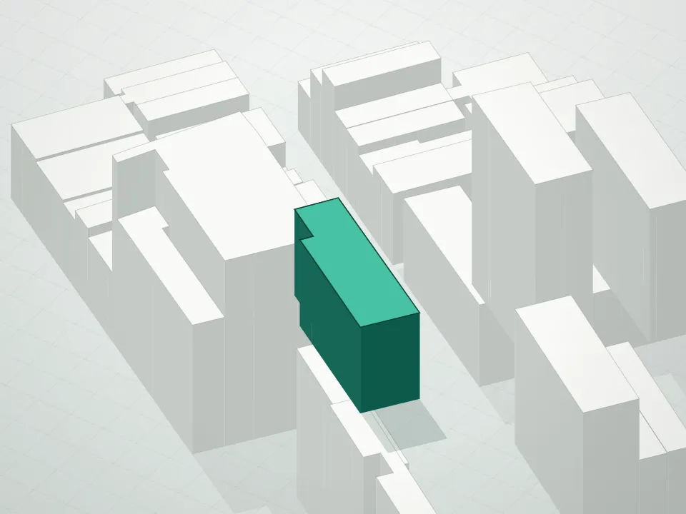 3D massing drawing of Cast Iron House Condominium and neighboring buildings