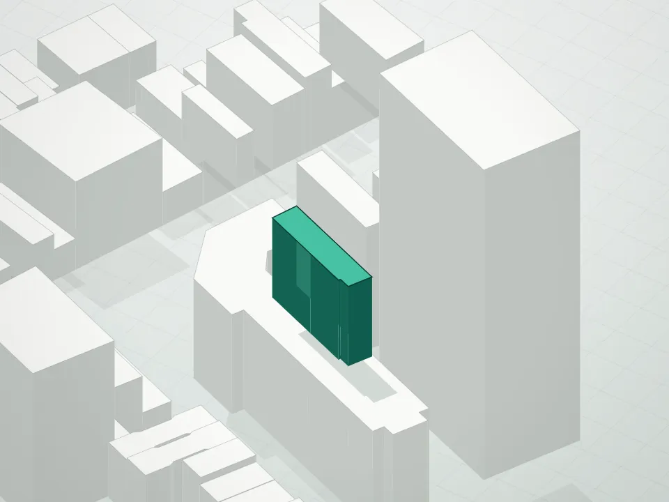 3D massing drawing of Bowery 255 Condominium and neighboring buildings