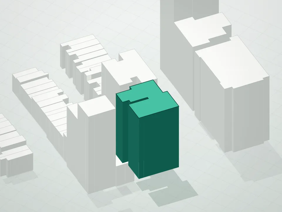 3D massing drawing of 360 Central Park West Condominium and neighboring buildings