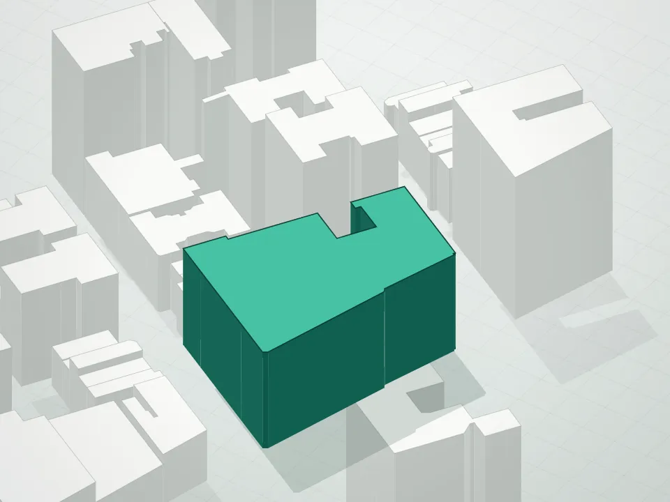 3D massing drawing of 235 West 75th Street Condominium and neighboring buildings