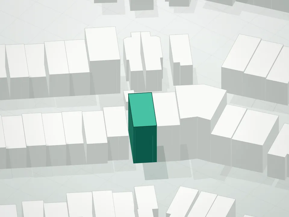 3D massing drawing of 8827 Elmhurst Condominium and neighboring buildings