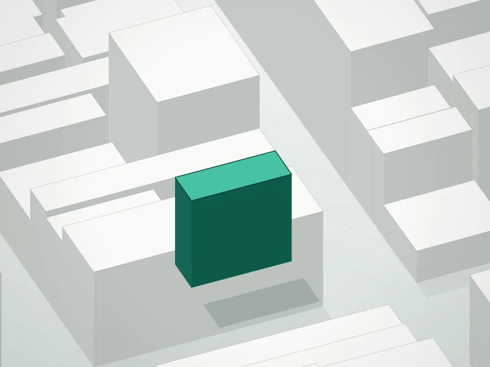 3D massing drawing of Obsidian House Condominium and neighboring buildings