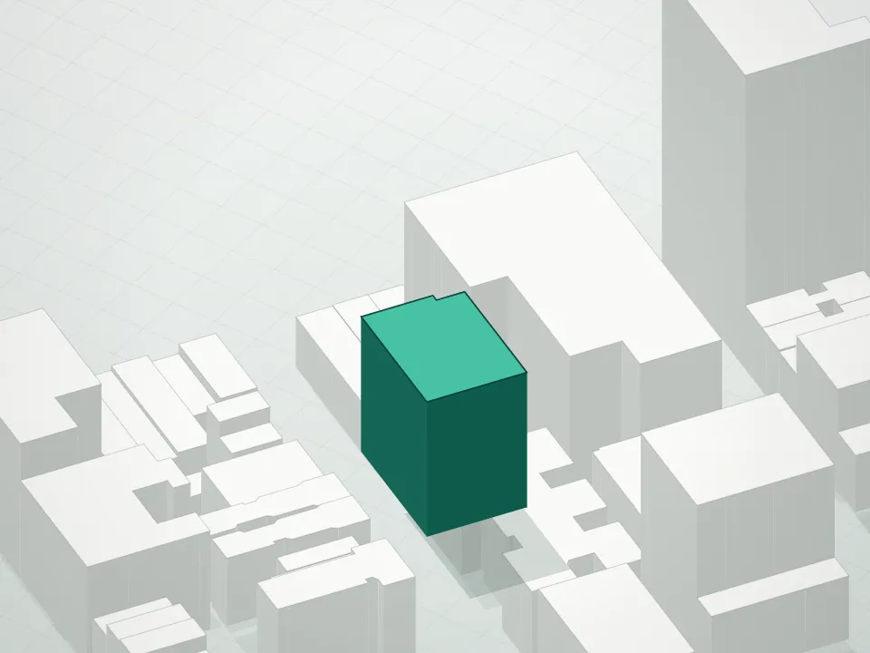 3D massing drawing of Seymour Condominium and neighboring buildings