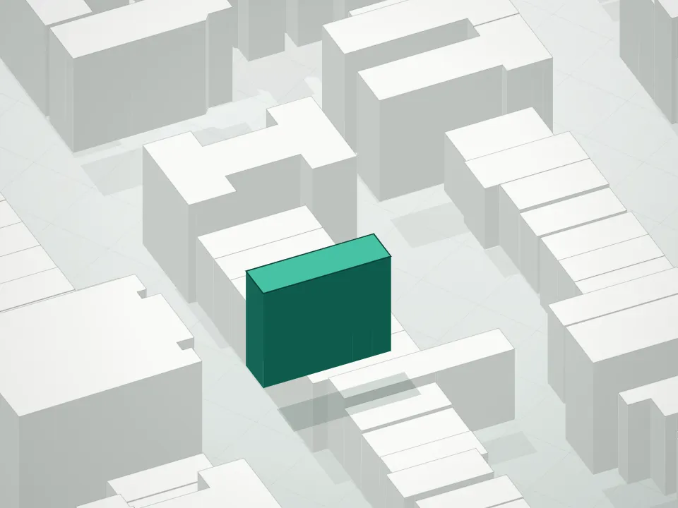 3D massing drawing of San Giorgio Condominium and neighboring buildings