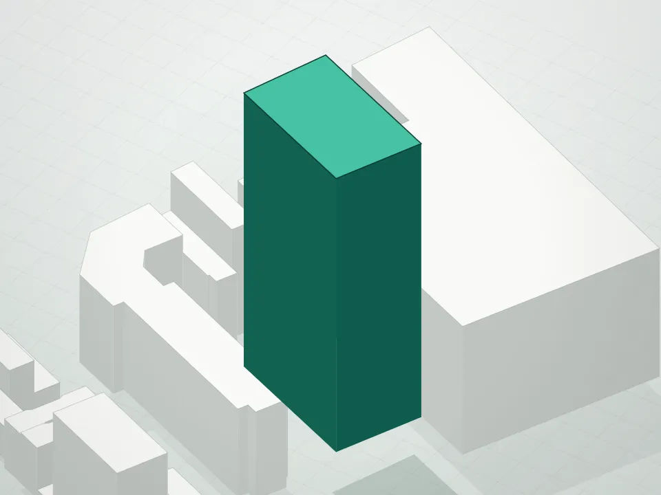 3D massing drawing of 215 Chrystie Condominium and neighboring buildings