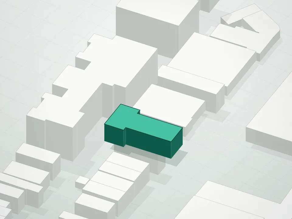 3D massing drawing of 2640 East 14th Street Condominium and neighboring buildings
