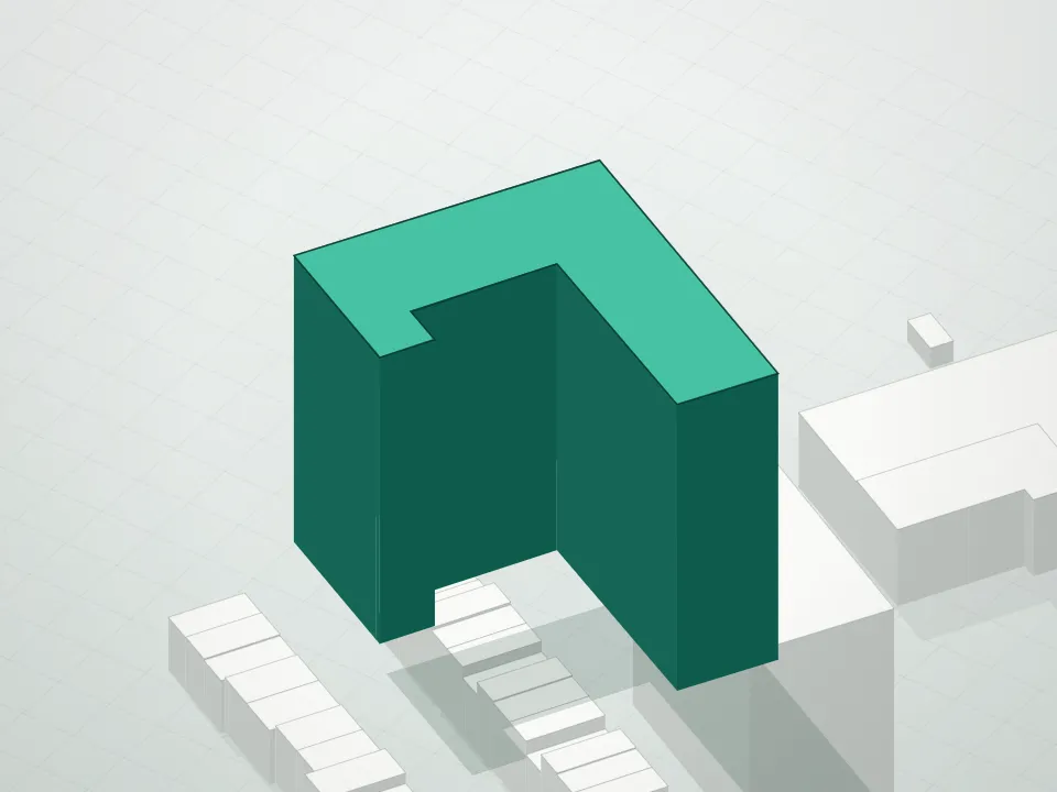 3D massing drawing of Boerum Condominium and neighboring buildings