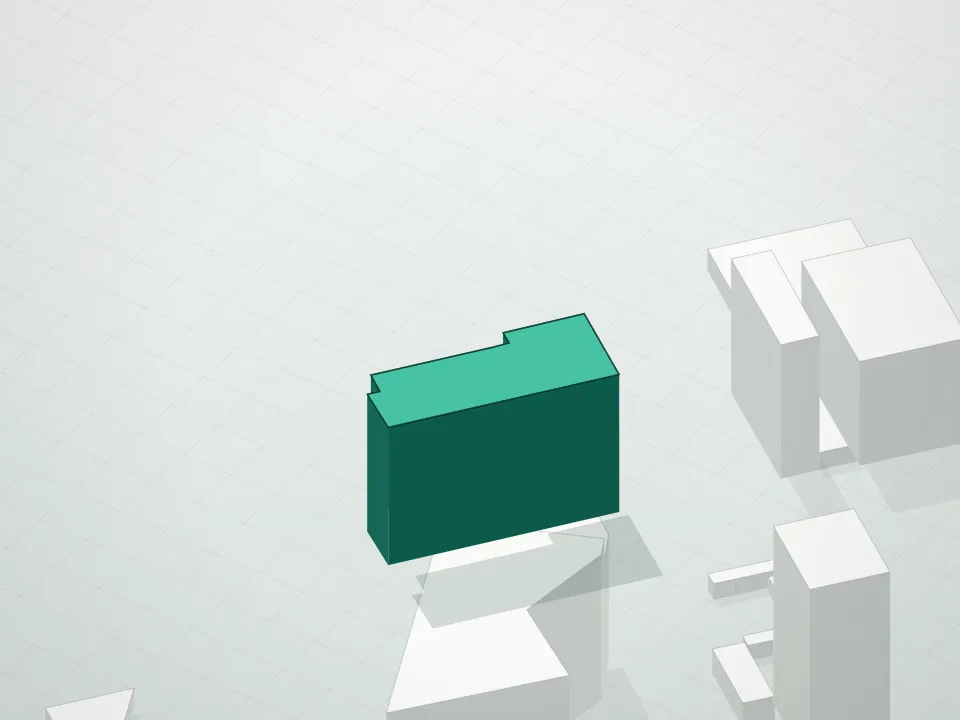 3D massing drawing of Factory House Condominium and neighboring buildings