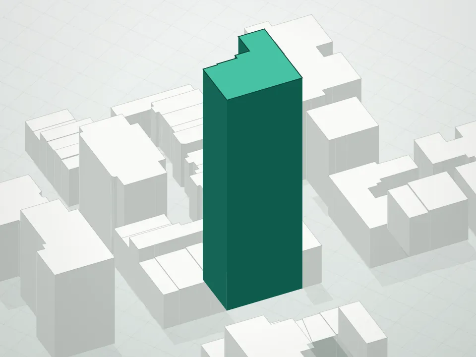 3D massing drawing of Sutton Condominium and neighboring buildings