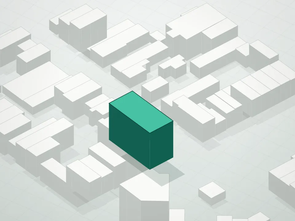 3D massing drawing of Corner At Eleven Condominium and neighboring buildings