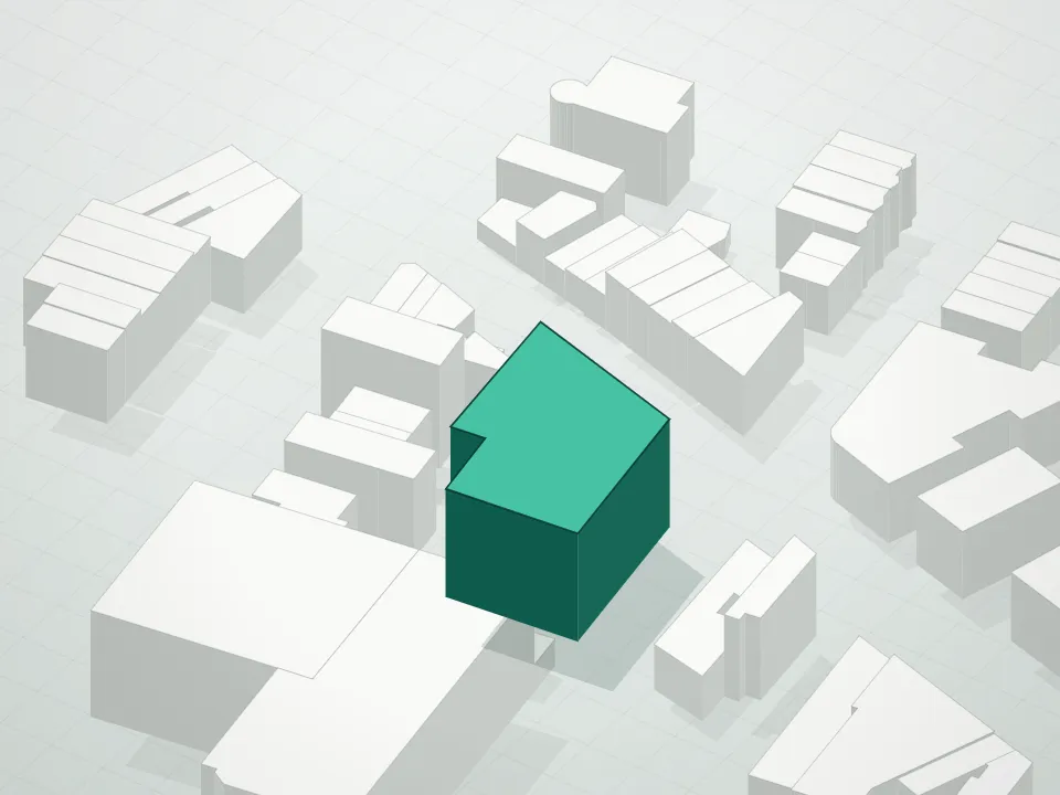 3D massing drawing of 500 Waverly Condominium and neighboring buildings