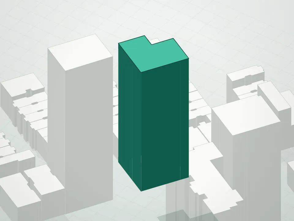 3D massing drawing of 389 East 89th Street Condominium and neighboring buildings