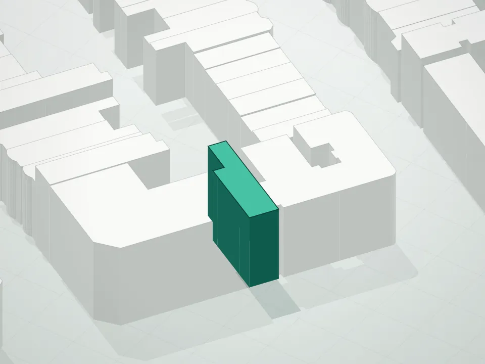 3D massing drawing of Maurice and neighboring buildings