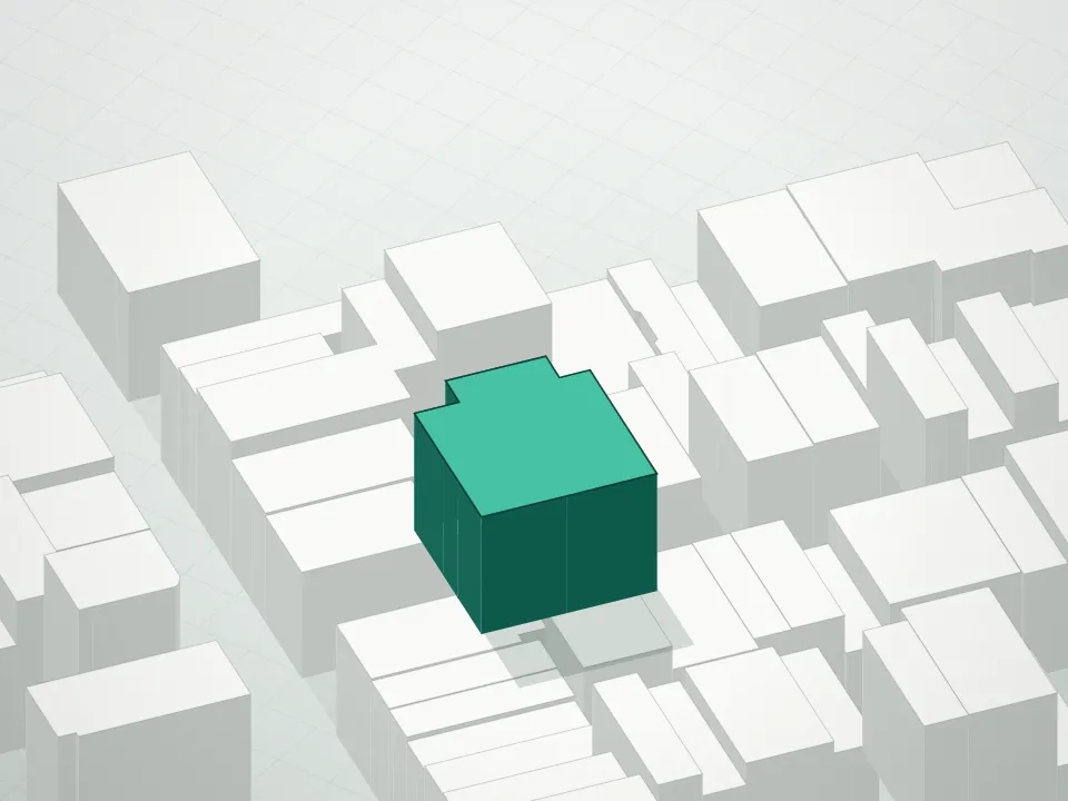 3D massing drawing of 57-63 Greene Street Condominium and neighboring buildings
