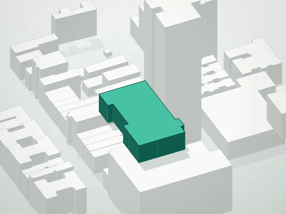3D massing drawing of Sorting House Condominium and neighboring buildings