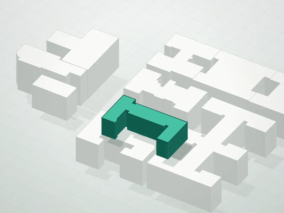 3D massing drawing of 2107 Bedford Avenue Condominium and neighboring buildings