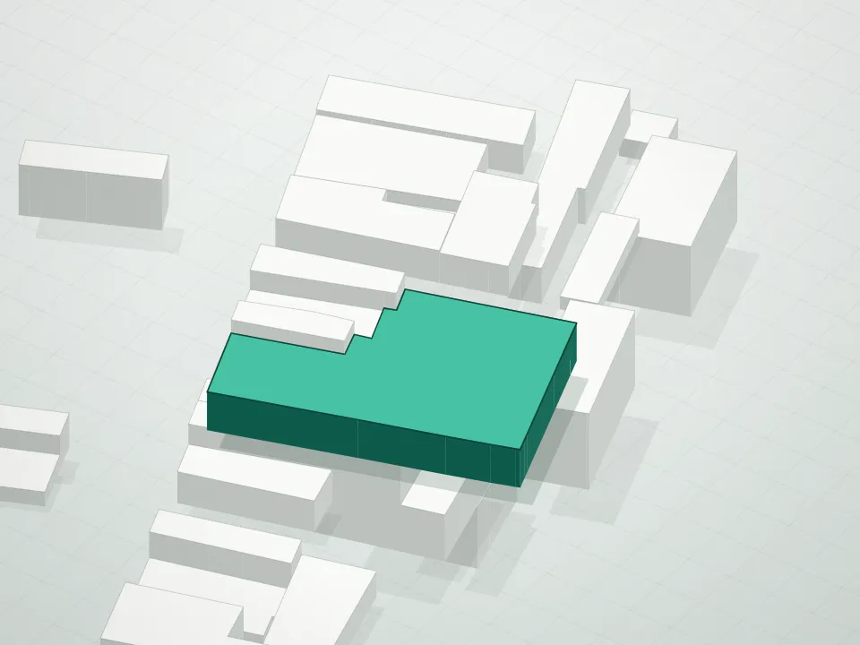 3D massing drawing of Flushing Commons and neighboring buildings