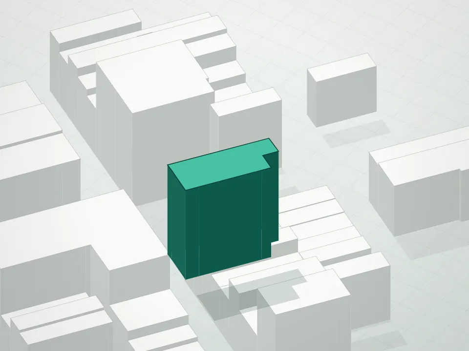3D massing drawing of 30 Warren Condominium and neighboring buildings