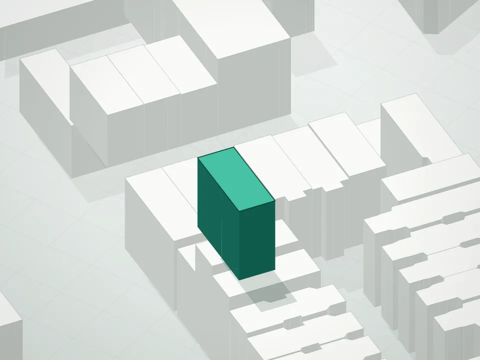 3D massing drawing of Aurum Condominium and neighboring buildings