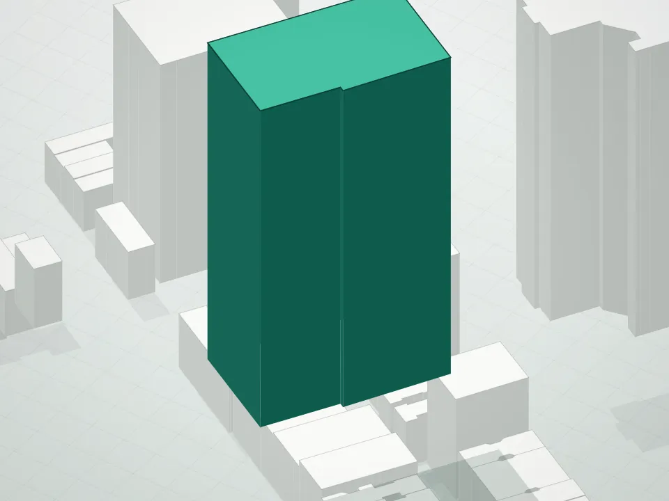 3D massing drawing of Kent Condominium and neighboring buildings
