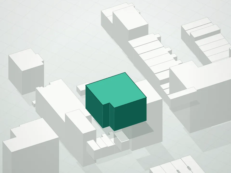 3D massing drawing of 610 Warren Street Condominium and neighboring buildings