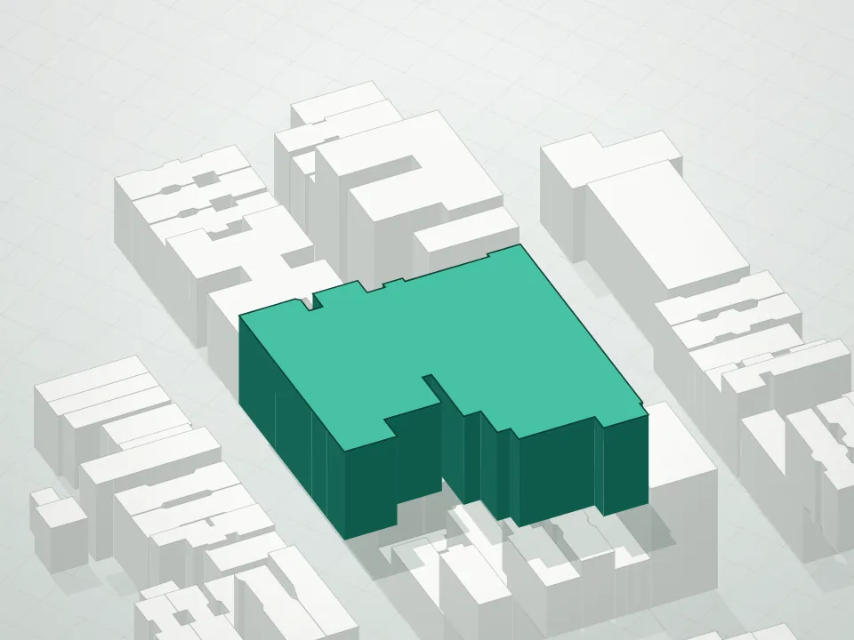 3D massing drawing of Nine 52nd Condominium and neighboring buildings