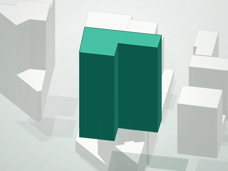 3D massing drawing of Harrison and neighboring buildings