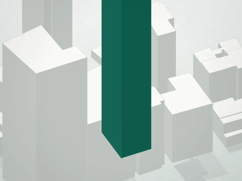3D massing drawing of 125 Greenwich Condominium and neighboring buildings