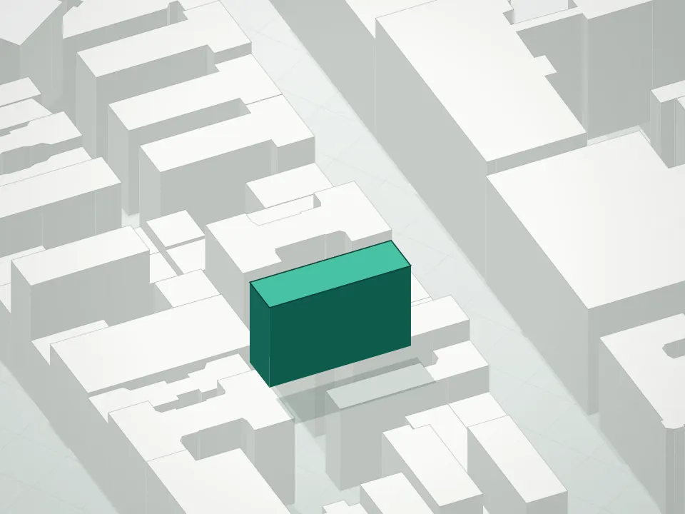3D massing drawing of Thirteen West and neighboring buildings